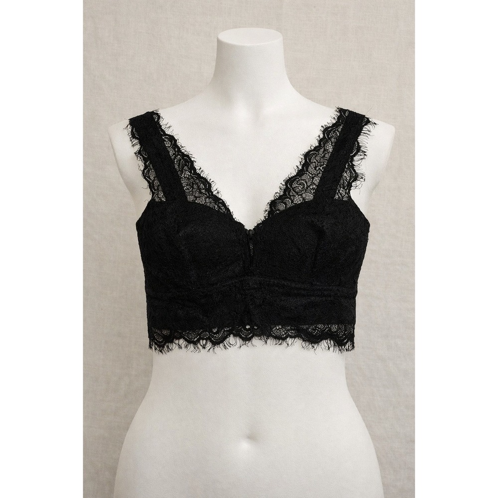 Black Lace Bralette Bustier Crop Eyelash Back Zip Size 6 Goth Grunge Witchy Boho